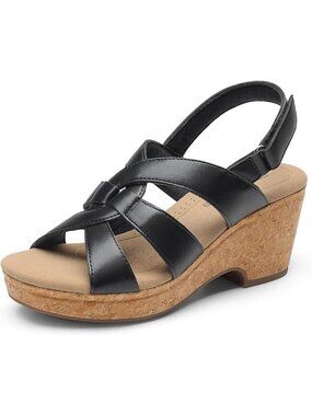 Dream Pairs Size 8 Wedge Sandals Black Faux Leather Comfort Sole